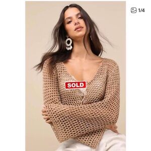 Lulus Saray Taupe Loose Crochet Knit Lace-up Sweater Crop Top - Size S